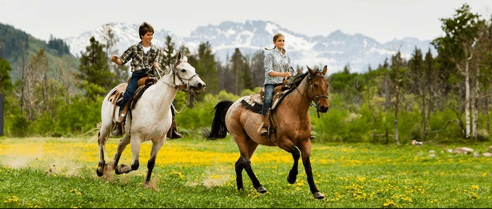 Confident plus-size woman riding Accrington a horse through a field with a smile on her face.